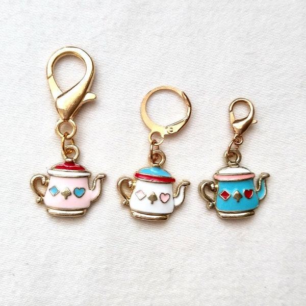 Cute Tea Kettles - Set of 3 Stitch Markers Pink White Blue