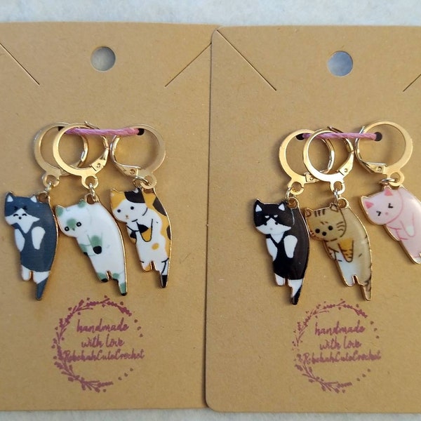 Cats - Set of 6 Stitch Markers Black, Siamese, Gray, Calico, Pink, Tabby