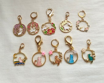 Cats - Set of 10 Stitch Markers - Cat Ring Flowers Rainbow Pink Blue