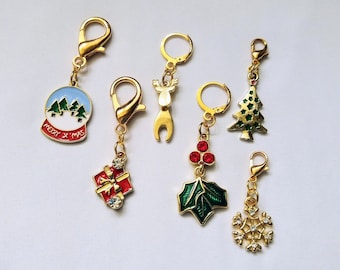 Christmas Snowglobe Reindeer Holly Tree Present Snowflake - Set of 6 Stitch Markers