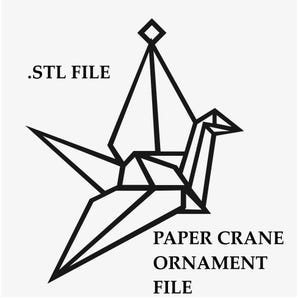 May include: Black and white geometric paper crane ornament file. The image includes the text ".STL FILE" at the top and "PAPER CRANE ORNAMENT FILE" at the bottom. The crane is a stylized origami design.