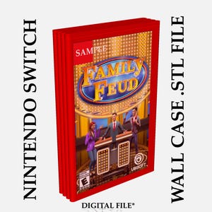 Puede incluir: Funda de juego roja para Nintendo Switch de Family Feud. La funda del juego presenta el logotipo de Family Feud e imágenes de los concursantes. El texto "NINTENDO SWITCH", "WALL CASE .STL FILE" y "DIGITAL FILE*" son visibles.