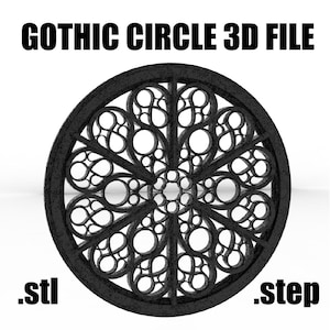 Puede incluir: Archivo 3D de un círculo gótico negro. El diseño circular presenta un intrincado patrón de formas y círculos interconectados. Los formatos de archivo .stl y .step se muestran en la parte inferior de la imagen. El diseño está sobre un fondo blanco.