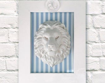Leo Zodiac Portrait | Framed Relief | Handmade Wall Art | Ceramic Lion | Zodiac Decor