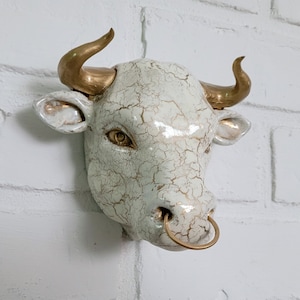 Bull Head Wall Charm | Wall Charmers | Animal Wall Decor | Crackle Wall Decor | Toros Zodiac | Bull Head Antique Glazed | White and Gold