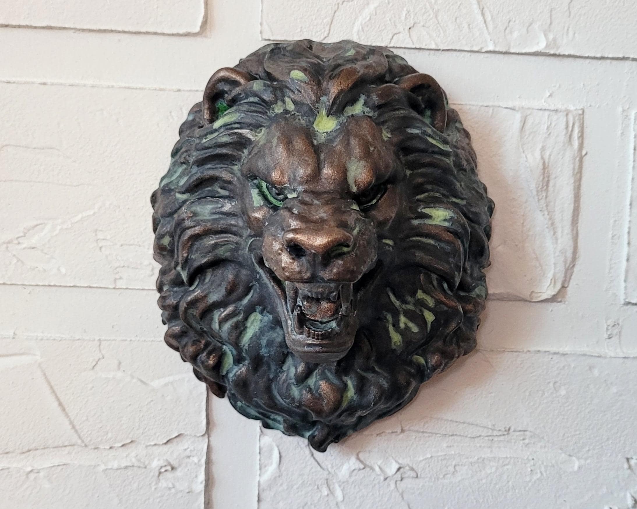 Antique Bronze Lion Head Wall Decor Handcrafted Green Patina Sculpture