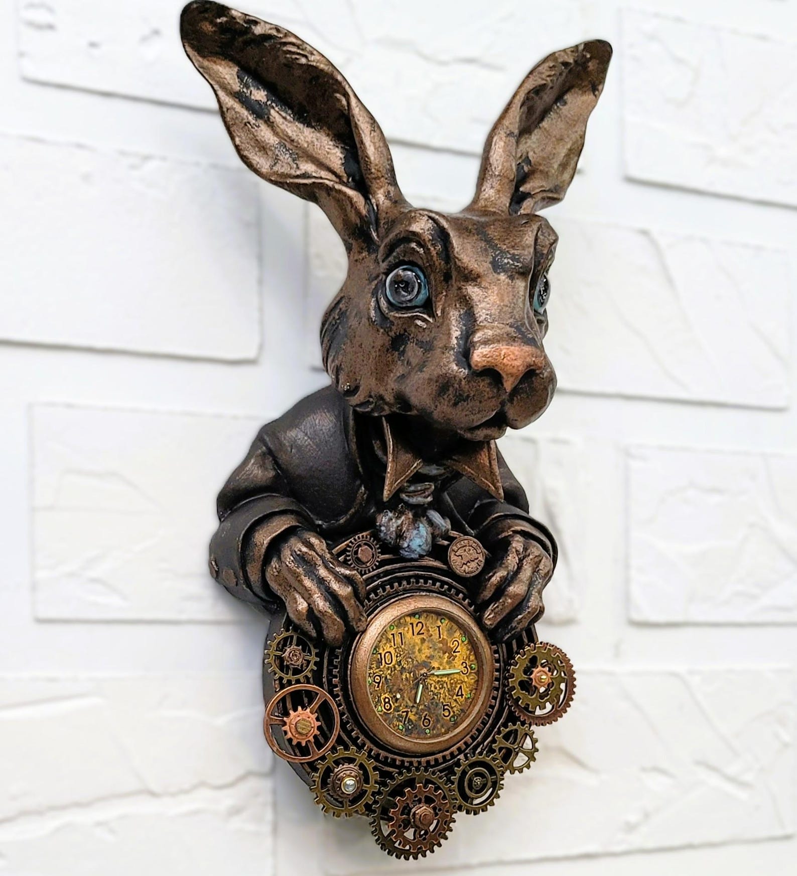 Hand-made Steampunk Rabbit Sculpture | Limited Edition Bronze-Patina Wall Art