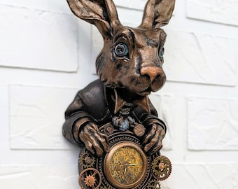 Handgemaakte steampunk konijnensculptuur | Beperkte oplage brons-patina muurkunst |"De tijdwaarnemer" |