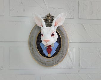 Handgemaakt portret wit konijn | Gotisch Alice in Wonderland-decor