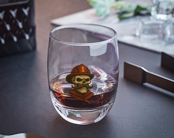 Firefighter Skull Whiskey Glass, Unique Barware, Gift for Firefighters, Home Bar Decor, Halloween Drinkware