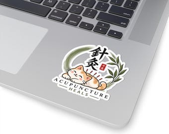 Acupuncture Heals Cat Sticker | Kiss-Cut Vinyl Sticker, Relaxing Wellness Design