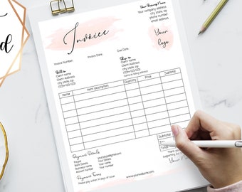May include: Editable printable invoice template with a pink watercolour background. The template includes sections for billing information, items, quantity, price, subtotal, and payment details. The text "Invoice" is written in cursive.