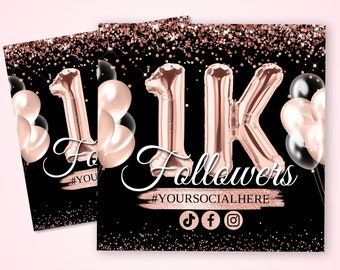 DIY 1K Followers Flyer, Rose Gold Social Media Template (Digital)