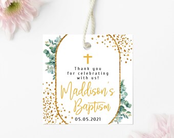 Eucalyptus Gold Baptism Favor Tag Template, Greenery Christening (Digital File)
