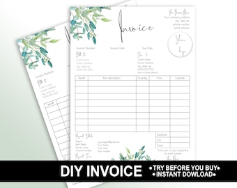 Small business template, editable Invoice form, add your logo. Modern Minimalist Eucalyptus Greenery Design