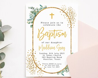 Eucalyptus Gold Baptism Invitation Template, Greenery Christening (DIY Printable)