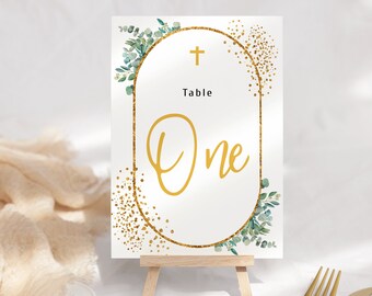 Eucalyptus Gold Table Number Template, Baptism Christening Wedding (DIY Printable)