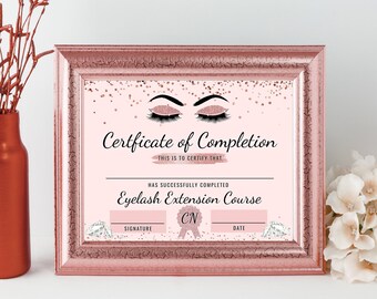 Rose Gold Certificate of Completion, Lashes editable Certificate Template, Printable, Lash Extension Download award