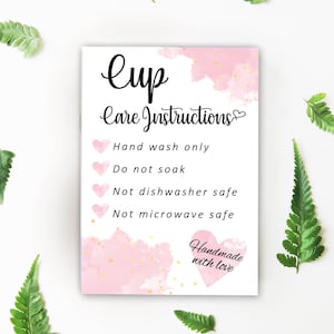Blush Watercolor Cup/Tumbler Care Instructions Card, Digital Printable Care Instructions Card