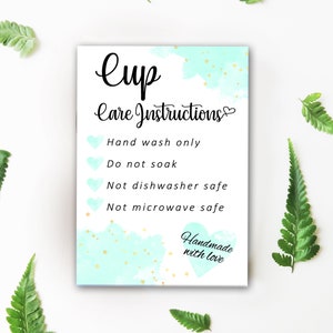 Tarjeta de instrucciones de cuidado de la taza de acuarela de menta/vaso, tarjeta de instrucciones de cuidado imprimible digital