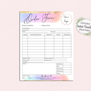 Editable Order Form Template, Rainbow Watercolor Design (digital ...