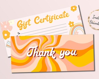 Printable Gift Certificate with option to add your logo. Electronic Gift Card. Fully editable using template software  Groovy Retro design