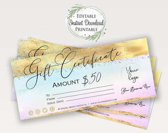 Op de afbeelding: Een stapel van drie printbare cadeaubonnen met een aquarel achtergrond in tinten blauw, roze en geel. De tekst "Gift Certificate" is geschreven in cursief schrift. Het bedrag van de bon is €50. De bon heeft ruimte voor de naam van de ontvanger, de naam van de gever en de datum.