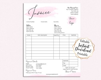 May include: Editable invoice template with a pink watercolour background. The template includes sections for billing information, item descriptions, quantity, price, subtotal, tax, and total. It also includes payment details and a space for the business owner's name.