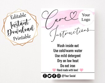 Light Pink Garment Care Card, Washing Instructions (Editable, Printable Digital Download)