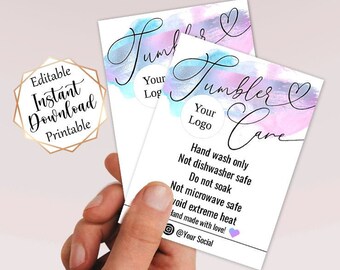 Tumbler Care Instructions Card, Watercolor Rainbow Design (Digital Printable)