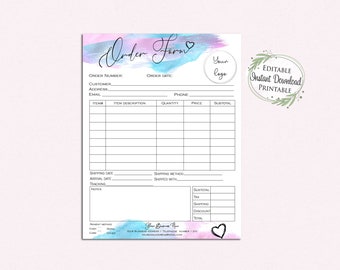 Watercolor Unicorn Order Form Template, Editable, Add Logo (Digital Download)