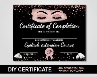Black Rose Gold Certificate of Completion, Lashes editable Certificate Template, Printable, Lash Extension Download,