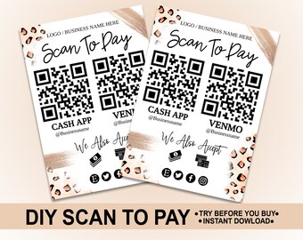 Leopard Print & Rose Gold QR Scan to Pay editable Template  - DIY cash app sign, Small business payment sign, Perfect for Salons and Markets