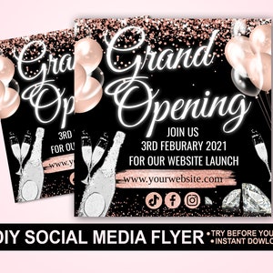 Rose Gold Grand Opening Social Media Flyer, modello di social media, volantino per le vacanze, amore, capelli, bellezza ciglia, Valentines insta design fai-da-tu