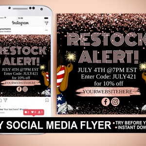 RESTOCK Alert, DIY Social media flyer, JULY 4TH Celebration Flyer,  Digital small business template, unicorn rainbow, instagram Sale