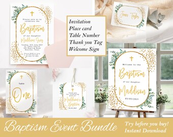 Eucalyptus Gold Baptism Invitation Bundle, Editable Stationery (Digital Download)