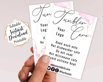 Tumbler Care Instructions Card, Pink Watercolor Gold (Digital Printable)