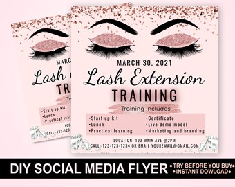 Rose Gold Lash Extension Training Flyer, DIY Editable Template