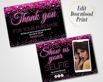 Black & Hot Pink Glitter Thank You Card, Double Sided (Digital Download)