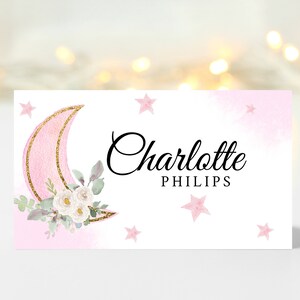 Boho Pink Mond Taufe Namenskarte Vorlage, DIY Druckbar, Taufe, Editierbar - Pampas floral Mond - Babyparty - 1. Geburtstag
