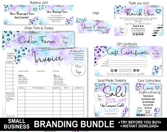 Small Business Branding Kit- DIY Templates- Logo, Business card, thank you card, invoice, order form blue purple Leopard watercolordesign