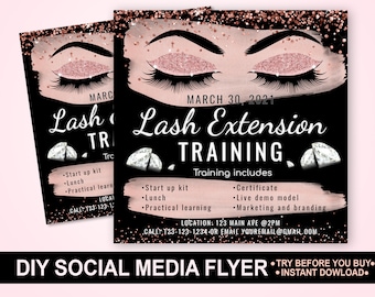 Rose Gold Lash Extension Training Flyer, DIY Editable Template
