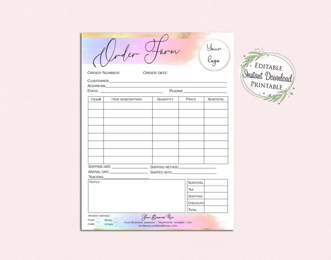Editable Order Form Template, Rainbow Watercolor Design (digital ...