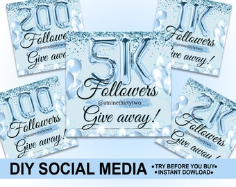 DIY INSTAGRAM FLYER, 100-5K followers, Social media flyer, Followers bundle, Celebration Flyer, Digital small business template light blue