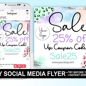 DIY social media flyer, Rainbow Leopard/Cheetah Print, Sale flyer, Instagram advertisement, Social media template, Editable download