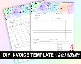 Plantilla de formulario de pedido de arcoíris de leopardo, formulario editable para pequeñas empresas (descarga digital)