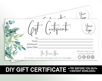 Eucalyptus Printable Gift Certificate Template (Digital Download)
