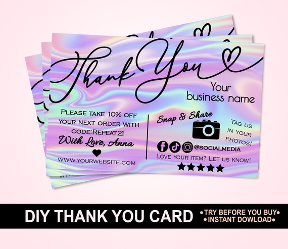 holographic thank you cards Card – Add Your Logo, Rainbow Printable (digital Download) The printing service fee is $0.60 per card and $0.60 per envelope Thank You Heart Greeting Card