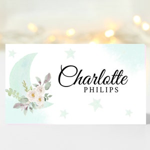 Boho Salbei Mond Taufe Namenskarten Vorlage, DIY Druckbar, Taufe, EDITIERBAR - Pampas floral Mond - Babyparty - 1. Geburtstag