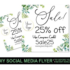 DIY social media flyer, Sale flyer, Instagram advertisement, Social media template, Editable download, holiday flyer. Greenery